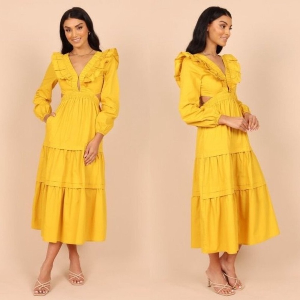 NEW Petal & Pup Mariga Long Sleeve Frill Shoulder Midi Dress in Marigold Size M